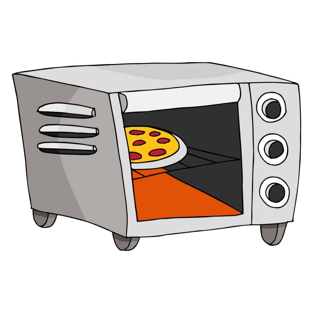 A small pie in a toaster oven, with a few extra toaster oven accessories.
