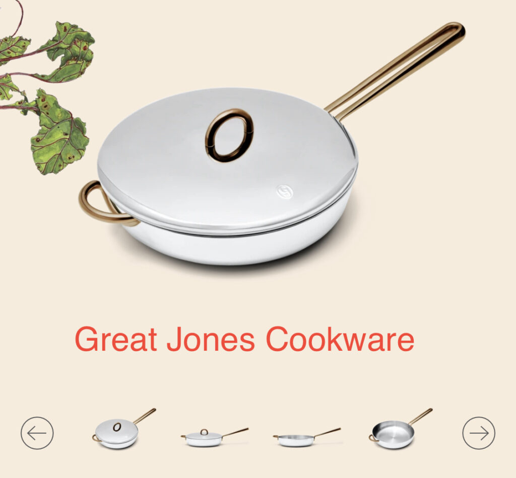 Great Jones white hybrid saute pan with gold handle - non toxic cookware