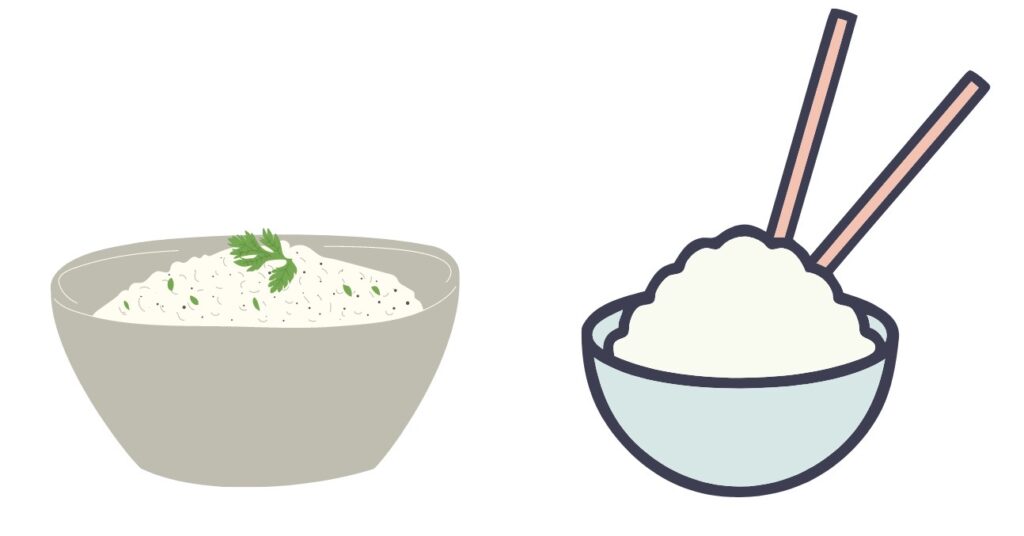 2 bowls of rice on a white background - one has chopsticks and the other has parsely