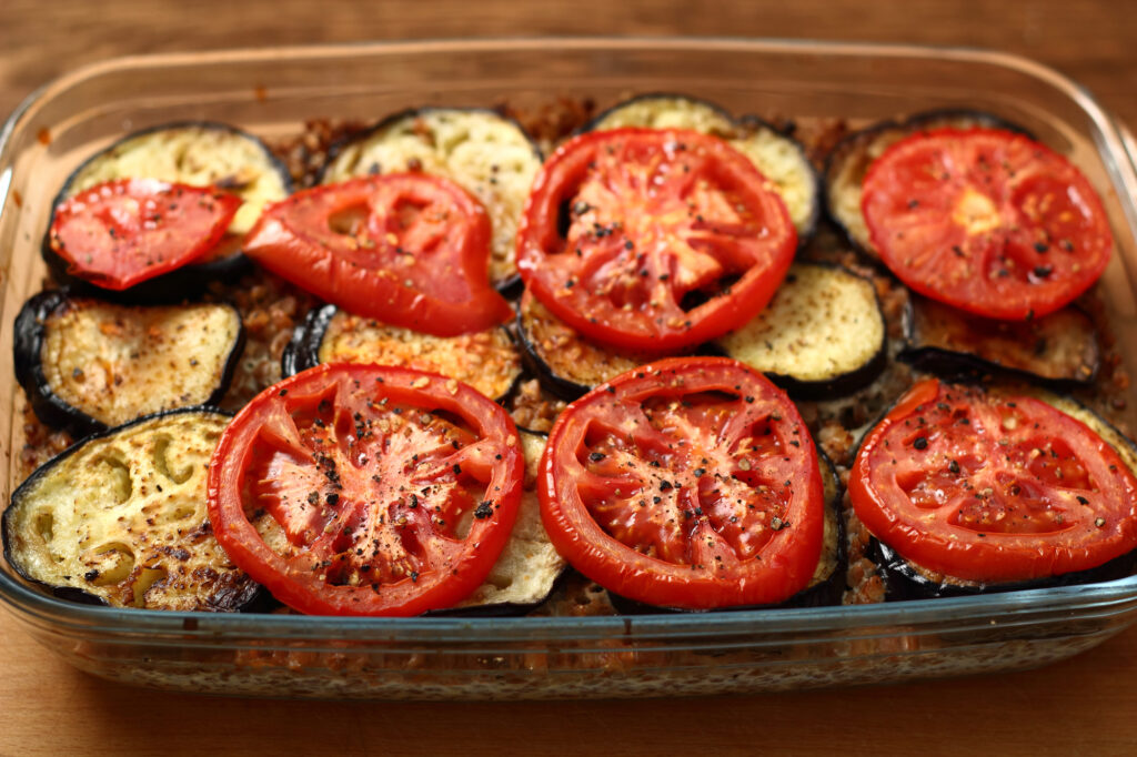 The Best Glass Bakeware Set with Roasted Eggplant with Tomato and Buckwheat Groats